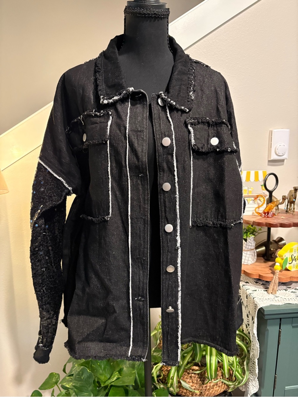 Black Jean Jacket with White Trim and Sequin Accent
